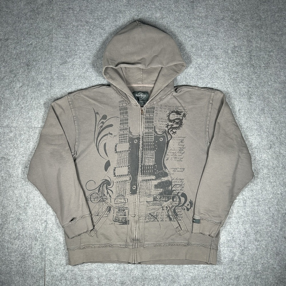 Vintage Hard Rock Cafe Venice Hoodie Mens X-LARGE Grey / Taupe Y2K Zip Up Faded